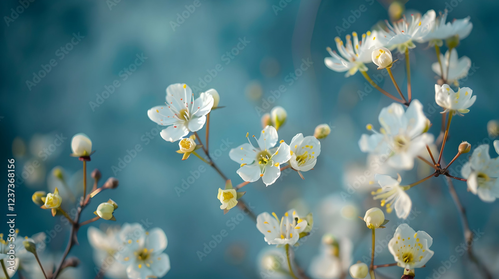 Delicate white flowers bloom against a soft blue background, evoking tranquility and beauty. Delicate white flowers bloom against a soft blue background, evoking tranquility and beauty.