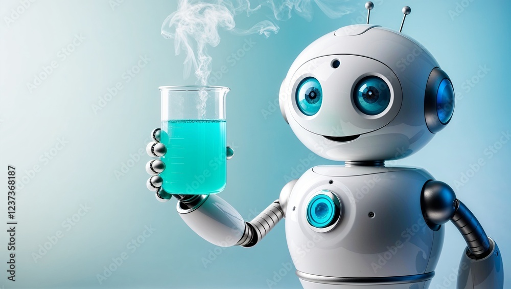Naklejka premium A charming robot cheerfully holding a beaker of blue liquid.