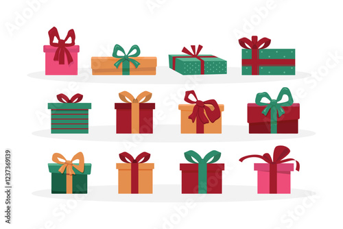 Gift boxes set. Holiday presents wrapped in festive paper wrapping, decorated with ribbon bows, strings and twines. Christmas giftboxes. Flat vector illustrations isolated on white background.