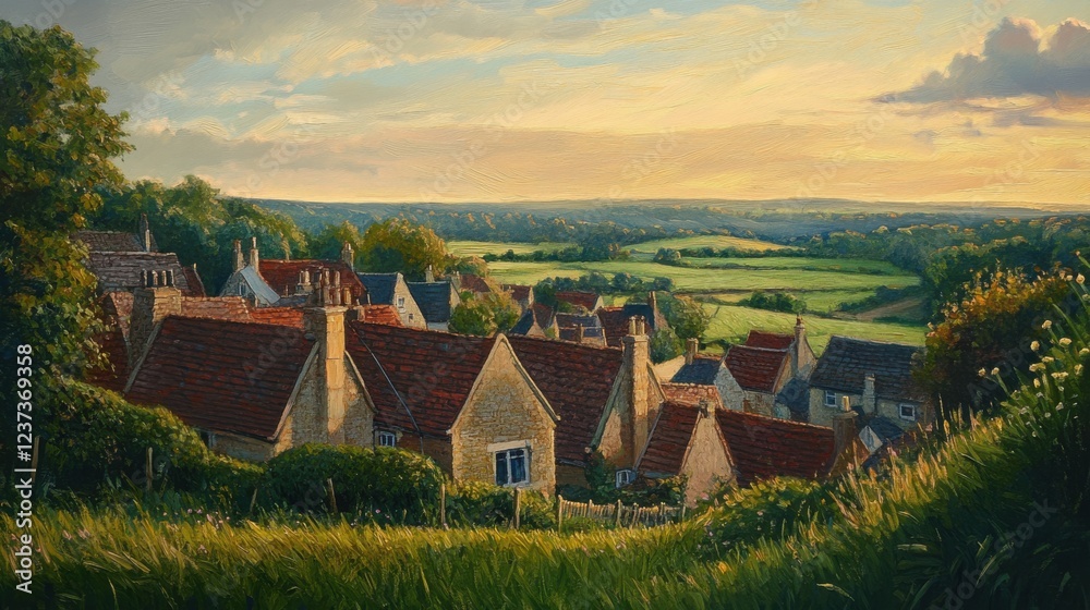 A quiet village scene painted in an impressionist style, A quiet village scene painted in an impressionist style,