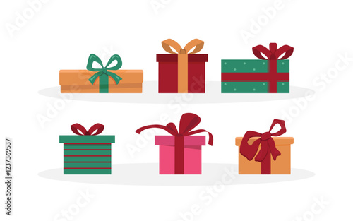 Gift boxes set. Holiday presents wrapped in festive paper wrapping, decorated with ribbon bows, strings and twines. Christmas giftboxes. Flat vector illustrations isolated on white background.