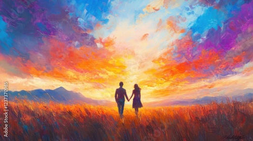 A romantic impressionist oil painting of a couple