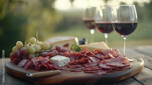 A rustic charcuterie board featuring cured meats,