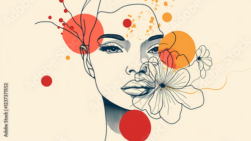 A modern, abstract portrait of a woman's face with floral elements, depicted in a single, unbroken line. Lyrical Abstract. Illustration
