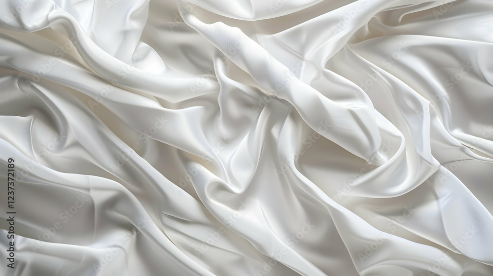 A close-up view of smooth, white satin fabric with elegant folds and creases.