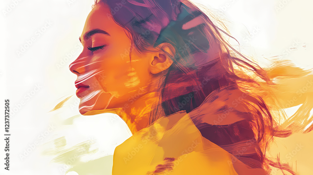 Fototapeta premium Ethereal female portrait with abstract artistic overlay. Lyrical Abstract. Illustration