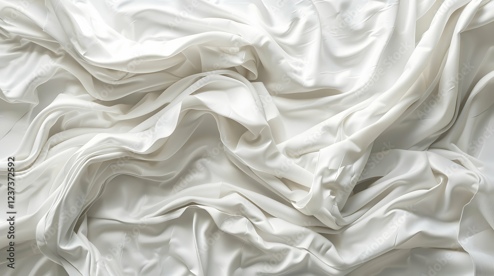 Fototapeta premium A close-up view of crumpled white satin fabric, showcasing its smooth texture and sheen.