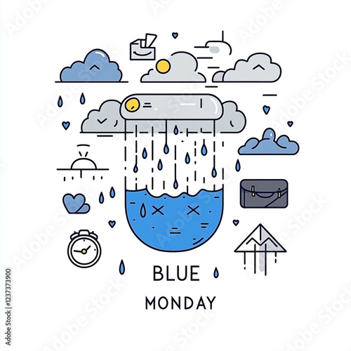 Conceptual Illustration of Blue Monday with Rain Clouds and Symbolic Elements photo