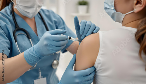 A healthcare professional carefully administers a COVID-19 vaccine injection to a woman, ensuring safety, precision, and immunization against the virus in a modern medical setting