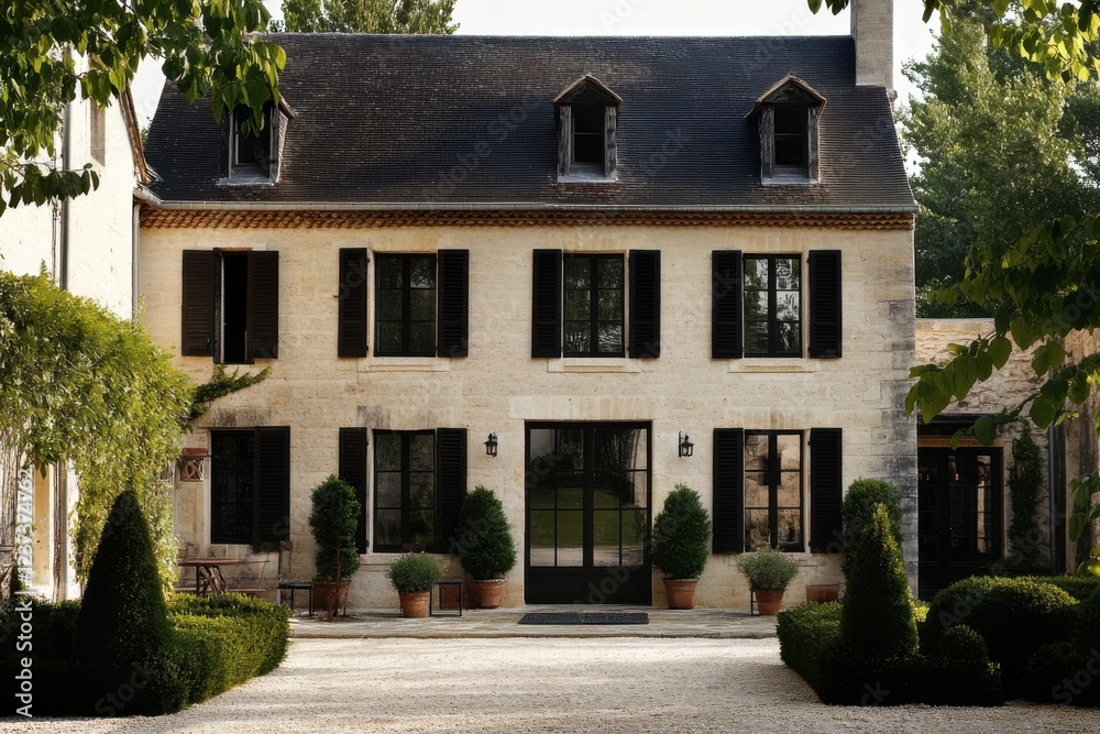 An elegant stone house adorned with charming shutters is nestled amid lush greenery, creating a tranquil ambiance in the daylight hours An elegant stone house adorned with charming shutters is nestled amid lush greenery, creating a tranquil ambiance in the daylight hours