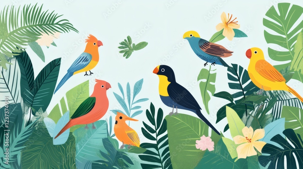 Fototapeta Vibrant Tropical Birds Amidst Lush Foliage A Colorful Illustration