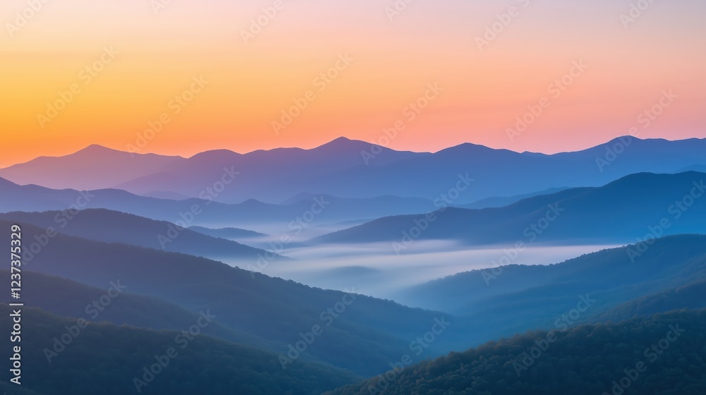 Golden sunrise illuminating misty mountain ranges creating stunning vista Golden sunrise illuminating misty mountain ranges creating stunning vista