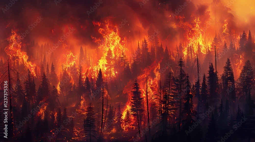 Forest fire, orange flames burning trees, 3D illustration. AI generated illustration Forest fire, orange flames burning trees, 3D illustration. AI generated illustration