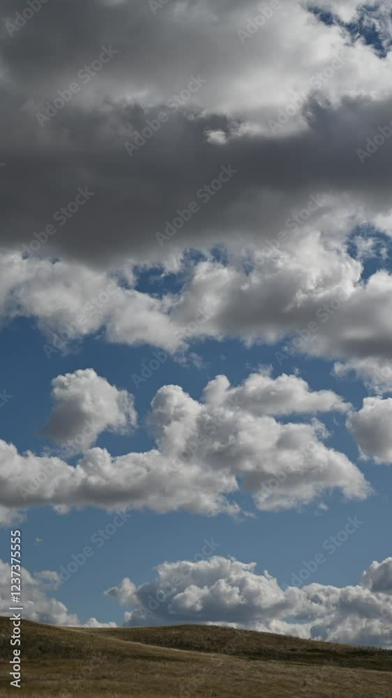 Vertical time lapse of white summer clouds moving above a barren prairie setting
Vertical time lapse of white summer clouds moving above a barren prairie setting