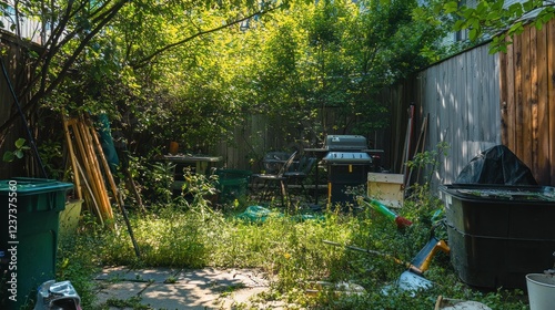 Overgrown Backyard with Grill and Tools