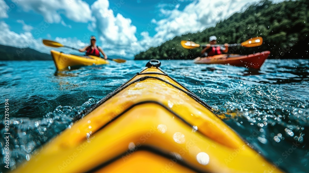 Fototapeta premium Kayakers paddling on lake, sunny day, nature background, active vacation