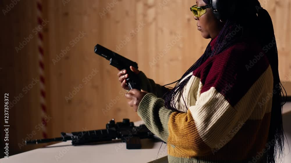 Person wearing safety equipment loading bullets cartridge in pistol ...