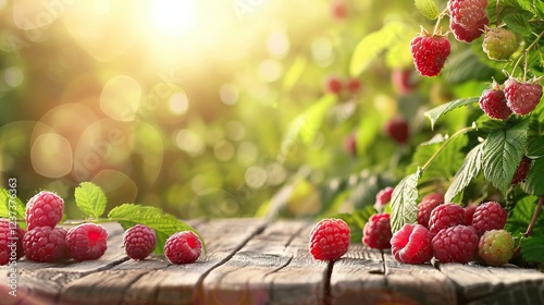 Rustic Podium with Raspberries in Gentle Morning Light. AI generated illustration