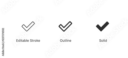 check mark tick icon with correct, accept checkmark icons tick box checked - checkbox symbol approved sign in editable stroke, outline, solid style	