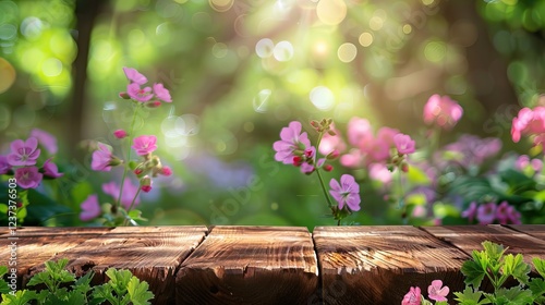 Charming Wooden Podium with Spring Background in Soft Afternoon Sun. AI generated illustration