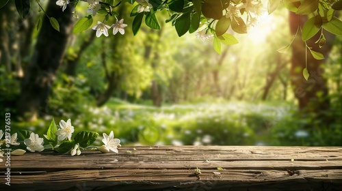 Charming Wooden Podium with Spring Background in Soft Afternoon Sun. AI generated illustration