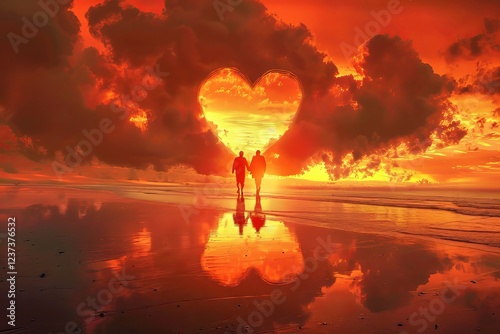 Couple walking hand in hand on a beach at sunset with a heart-shaped reflection in the water
