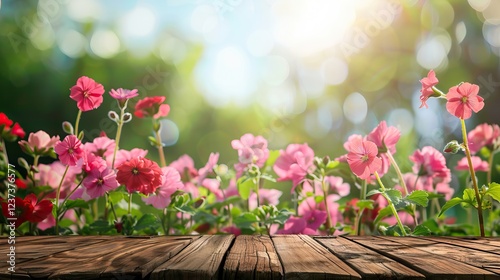 Charming Spring Garden with Roses and Wooden Podium in Morning Sun. AI generated illustration