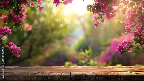 Beautiful Wooden Podium with Spring Background and Sunlit Garden. AI generated illustration