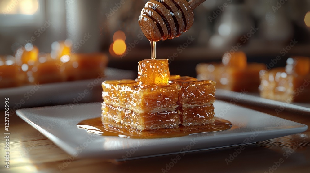A close-up of scrumptious layers of dessert drizzled with honey, served on a white plate, enhancing its golden, sweet allure.