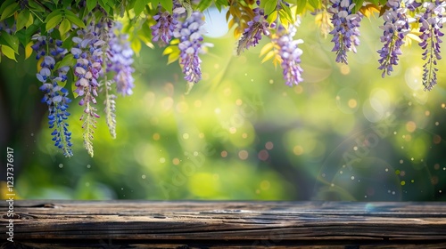 Charming Wooden Podium with Spring Background in Soft Afternoon Sun. AI generated illustration