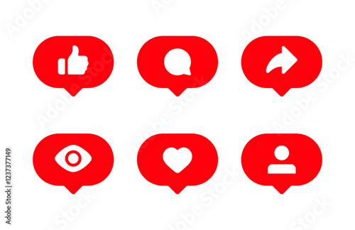 social media interactions, notification icons in red speech bubble icon ; thumbs up icon, like, love, comment, share, follower icon signs - favorite heart icon, like chat bubbles, post reactions