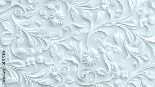Detailed luxury white paper texture featuring delicate floral motifs and ornamental elements in a seamless pattern. Ornate Embellishment. Illustration