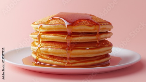A stack of fluffy pancakes drizzled with golden syrup, presented on a white plate against a soft pink background.