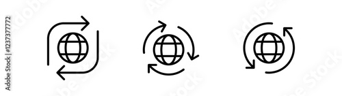 global sync icon set. website icon, globe icon with refresh arrows. worldwide line icon in editable stroke