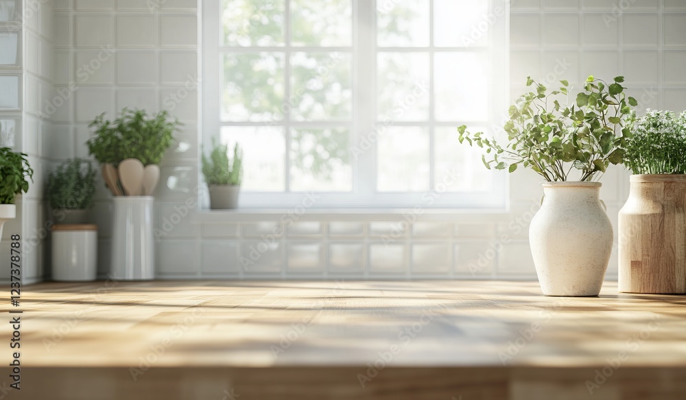 Blurred Kitchen Background with Wooden Countertop and White Tiles Illuminated by Sunlight - AI generated illustration Blurred Kitchen Background with Wooden Countertop and White Tiles Illuminated by Sunlight - AI generated illustration