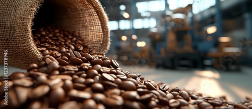 Close-Up of Coffee Beans Pouring from Jute Sack in Warehouse - AI generated illustration