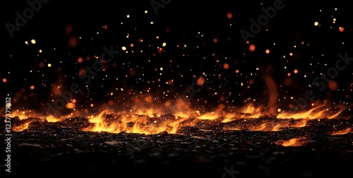 Fiery Embers Floating Over Black Background with Flames - AI generated illustration