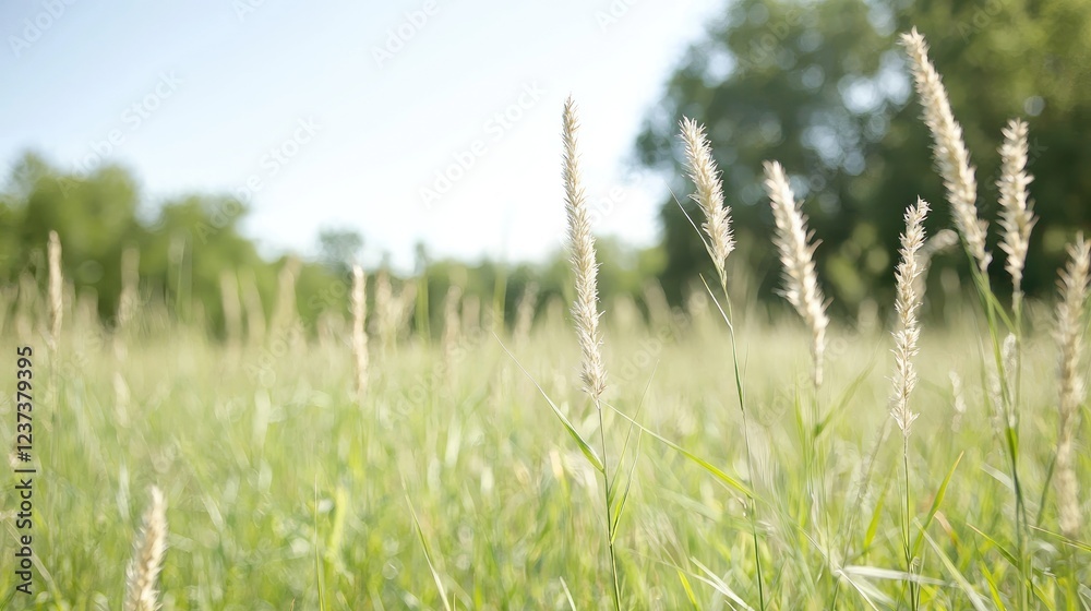 Fototapeta premium Sunny meadow grasses, trees background, nature scene, idyllic summer