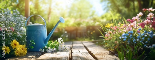 Gardening Background with Flowers, Watering Can, and Tools in Sunny Garden - AI generated illustration