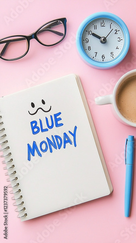 Blue Monday concept with glasses clock coffee notepad and pen on pink background photo