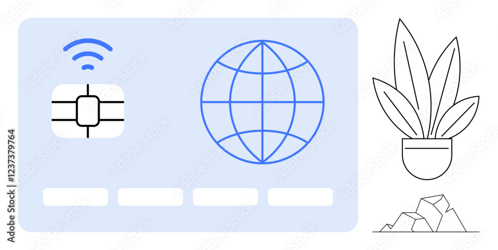 Chip card with a wireless signal, world globe, and barcode-thumbs up rectangles accompanied by an outline of a potted plant and rocks. Ideal for tech, connectivity, global access, ecommerce Chip card with a wireless signal, world globe, and barcode-thumbs up rectangles accompanied by an outline of a potted plant and rocks. Ideal for tech, connectivity, global access, ecommerce