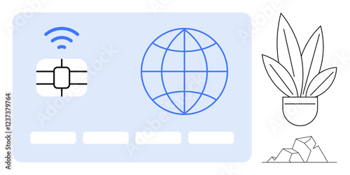 Chip card with a wireless signal, world globe, and barcode-thumbs up rectangles accompanied by an outline of a potted plant and rocks. Ideal for tech, connectivity, global access, ecommerce