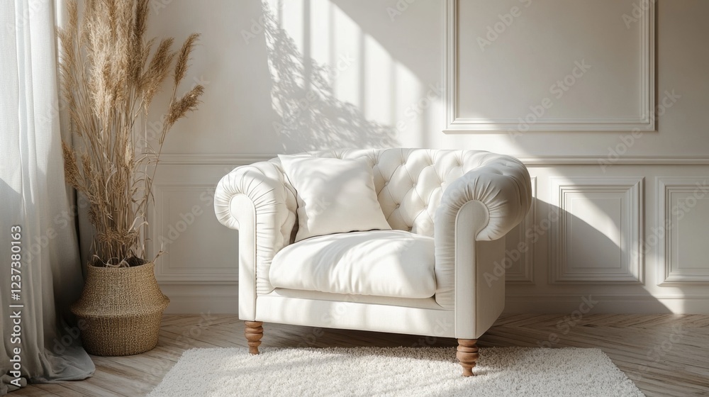 Fototapeta premium Cozy White Tufted Armchair with Decorative Cushion in Modern Room