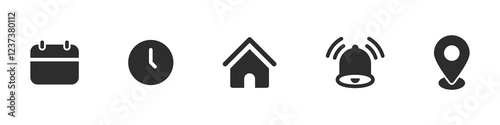 Home address location icon. Notification bell icon. Stopwatch timer icon. Date Calendar icon - Web icons set