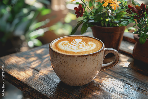 Cup of coffee with a heart shape latte art on top placed on a wooden table in a cozy cafe setting with natural light shining through the window photo