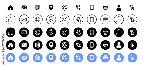 Contact icon set. contact us web thin line icons. home, call, email, address, location, globe, support, telephone, website, icon. Communication contact information icon. Vector editable stroke icon