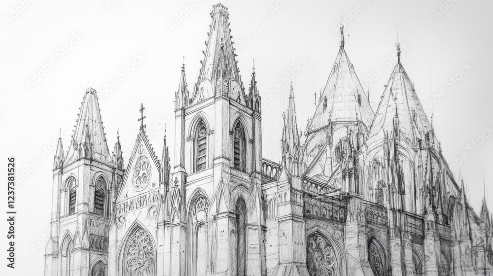 An architectural pencil drawing of a historic cathedral, An architectural pencil drawing of a historic cathedral,