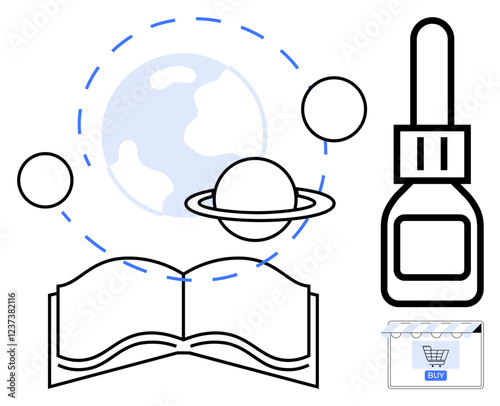 Open book beneath orbiting planets with Earth in the center. Adjacent electronic device and online shopping cart. Ideal for education, technology, learning, science, e-commerce, digital tools