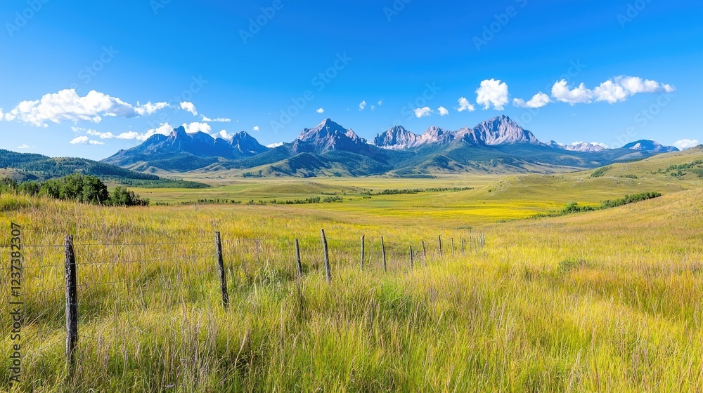 Obraz premium Sunny mountain valley meadow, fence, summer. Use travel brochure
