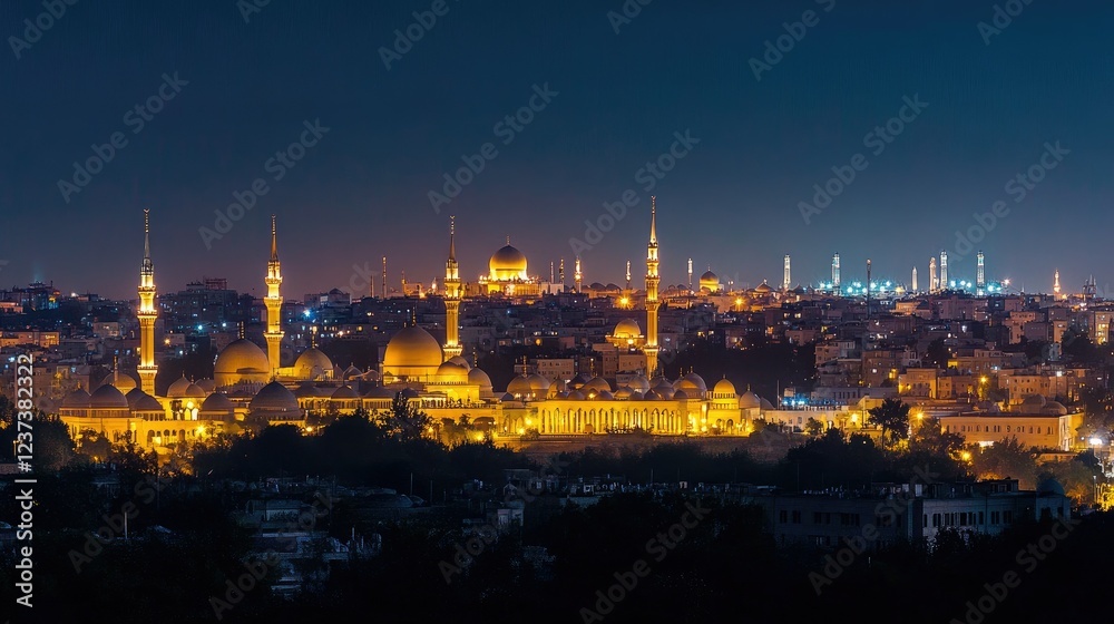 Night View of Illuminated Mosque in City Night View of Illuminated Mosque in City